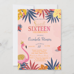 Tropiska blad Hibiskus Flamingos Sweet 16 Inbjudningar