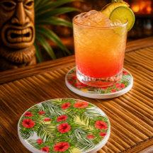 Tropiska blad & hibiskus rund sandstens-coaster