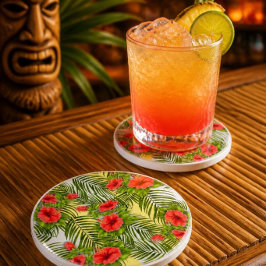 Tropiska blad & hibiskus rund sandstens-coaster underlägg