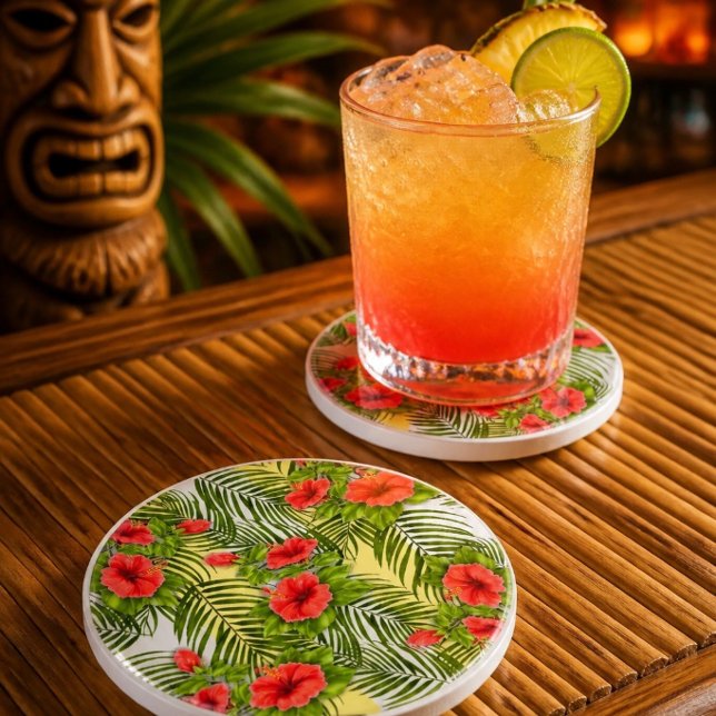 Tropiska blad & hibiskus rund sandstens-coaster underlägg (Skapare uppladdad)