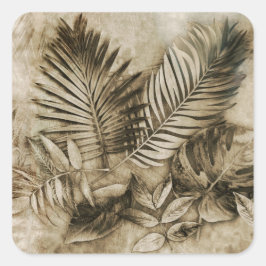 Tropiska blad i sepia med textur fyrkantigt klistermärke