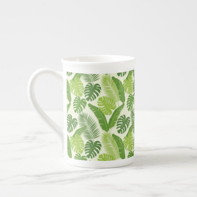 Tropiska blad & Monstera Sömlöst Mönster Benporslin Mugg (Vänster)