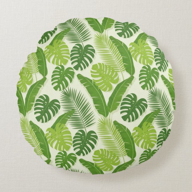 Tropiska blad & Monstera Sömlöst Mönster Rund Kudde (Framsidan)