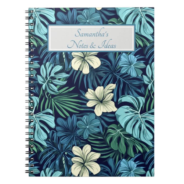 Tropiska blad och blommor Blå  Anteckningsbok (Framsidan)