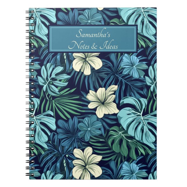 Tropiska blad och blommor Blå & Vit Anteckningsbok (Framsidan)