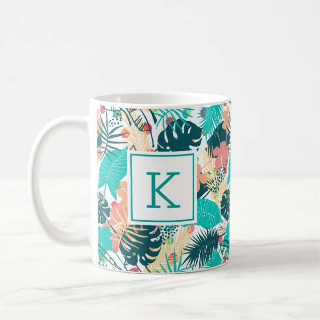Tropiska blad och blommor collage mönster kaffemugg (Vänster)