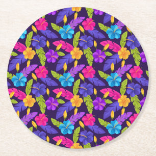 Tropiska blad och blommor Mönster-23857 Underlägg Papper Rund