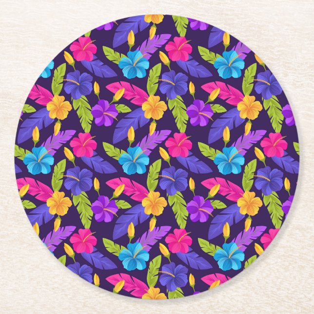 Tropiska blad och blommor Mönster-23857 Underlägg Papper Rund (Framsidan)
