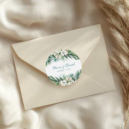 Tropiska blad och vita blommor Bröllop Runt Klistermärke