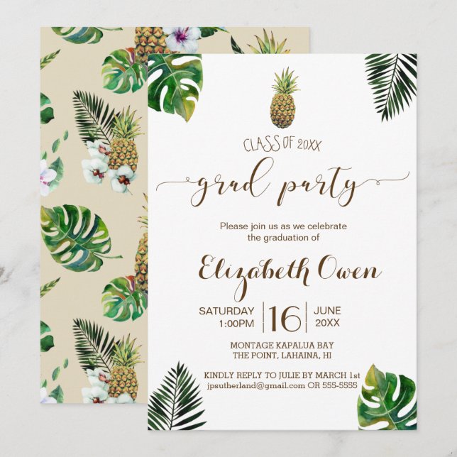 Tropiska blad Pineapple Luau Examen Inbjudningar (Fram/baksida)