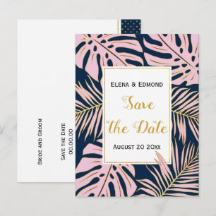 Tropiska blad rosa, marinblå bröllop Save the Date Meddelande Vykort