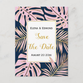 Tropiska blad rosa, marinblå bröllop Save the Date Meddelande Vykort