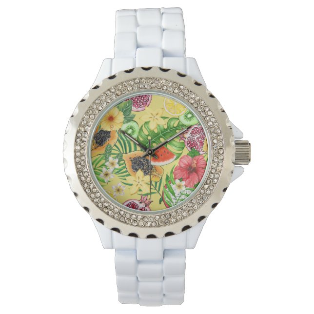 Tropiska blandningar av frukt, blommor och löv på  armbandsur (Framsida)