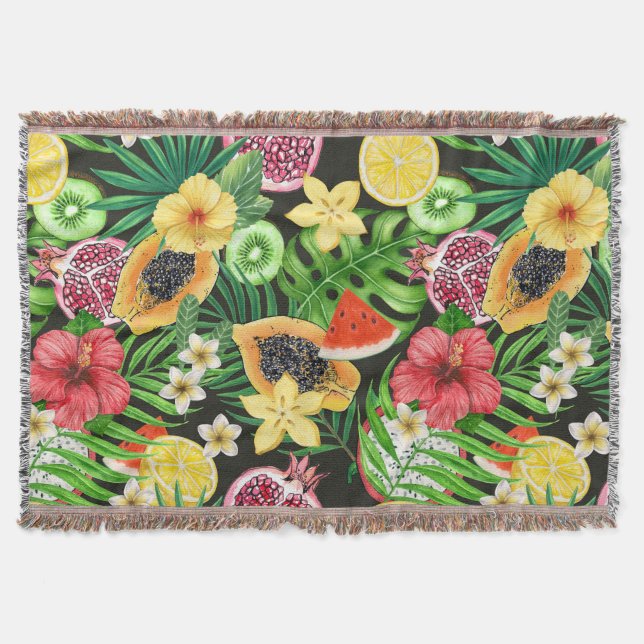 Tropiska blandningar av frukt, blommor och löv på  filt (Framsidan)