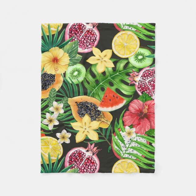 Tropiska blandningar av frukt, blommor och löv på  fleecefilt (Framsidan)