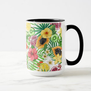 Tropiska blandningar av frukt, blommor och löv på mugg