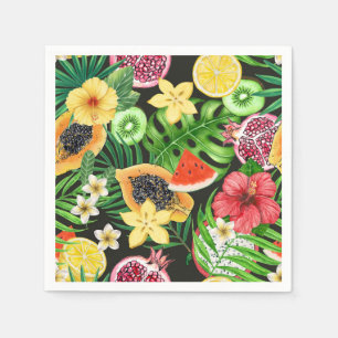 Tropiska blandningar av frukt, blommor och löv på pappersservett
