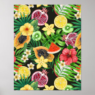 Tropiska blandningar av frukt, blommor och löv på poster