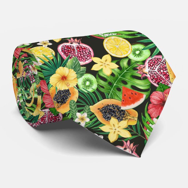 Tropiska blandningar av frukt, blommor och löv på  slips (Rullad)