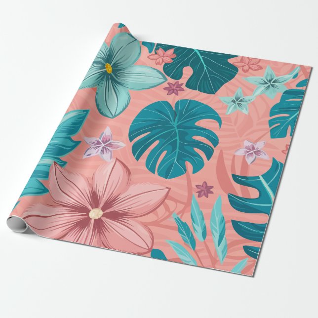 Tropiska bliss-Blommigt med Pastel Löv & Flowers Presentpapper (Utrullad)