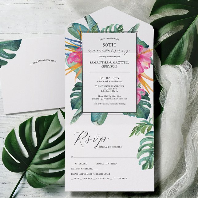 Tropiska blomman 50-årsdagen Bröllop (50th wedding anniversary invitations with rsvp watercolor tropical floral art Victoria Grigaliunas)