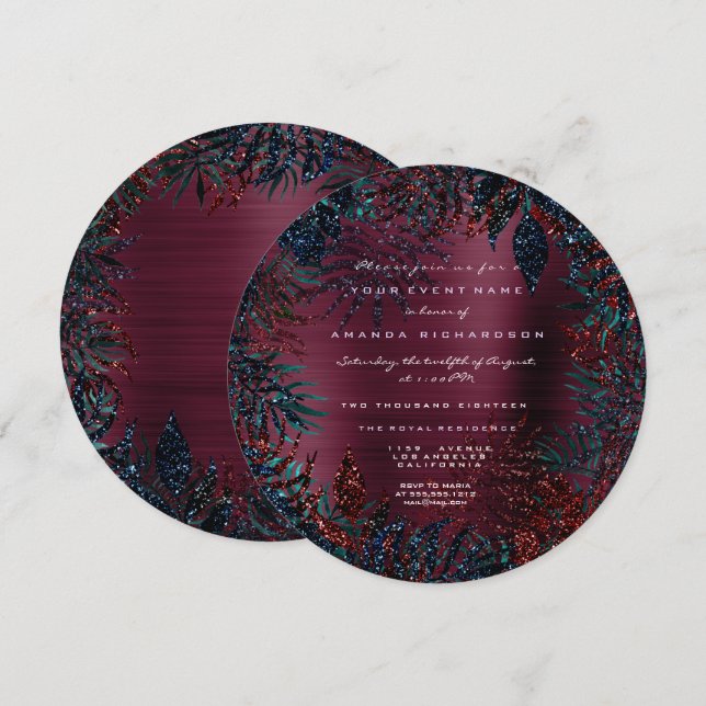 Tropiska blommande ormbunksblad burgunderglitter i inbjudningar (Fram/baksida)