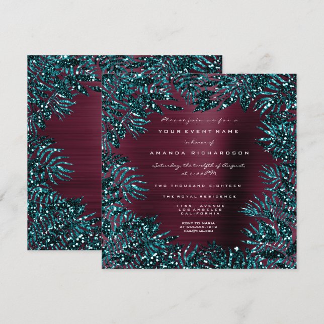 Tropiska Blommiga Löv Ram Glitter Teal Burgundy Inbjudningar (Fram/baksida)