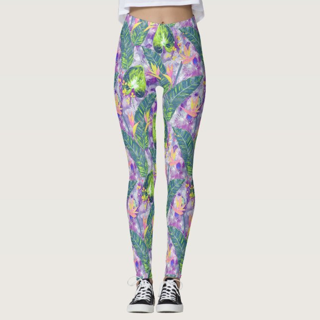 Tropiska blommigtar, botaniska, lilaska, grönt, ro leggings (Framsida)