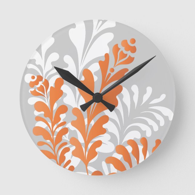 Tropiska Blommigtar Orange, Vitt och Grått Anpassa Rund Klocka (Framsida)