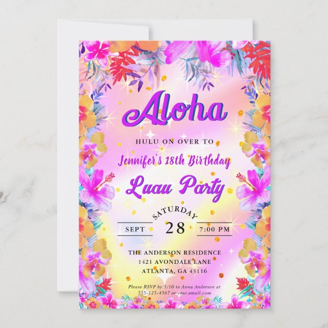 Tropiska Blommigten Aloha Luau Birthday Inbjudningar (Framsida)