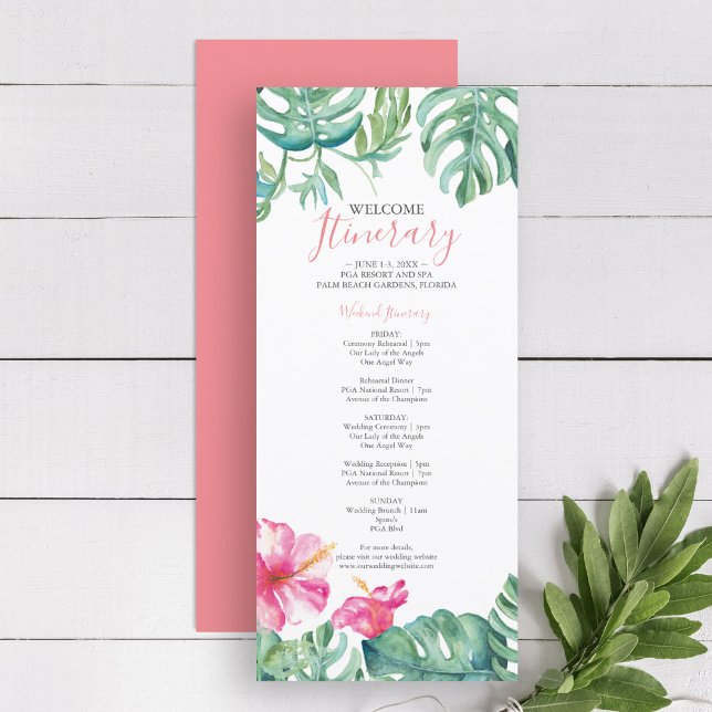 Tropiska Blommigten Bröllop Itinerary (tropical beach wedding welcome itinerary features watercolor palm leaves and pink hibiscus flowers)