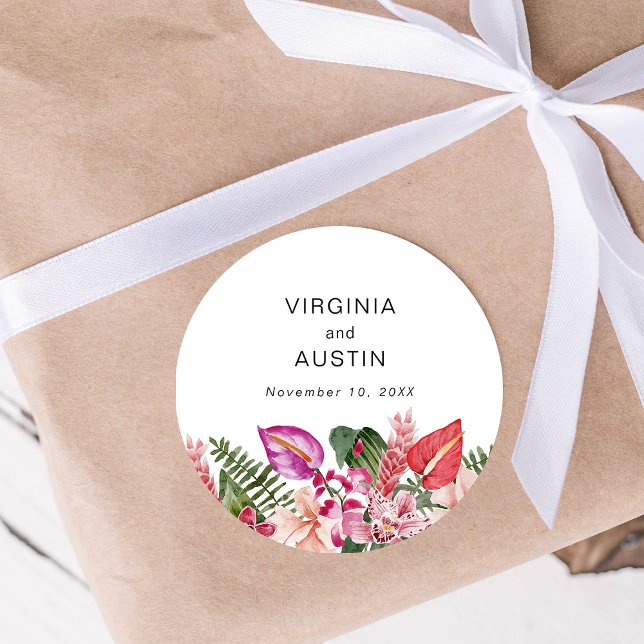 Tropiska Blommigten Bröllop Runt Klistermärke (Tropical Floral Wedding Classic Round Sticker by Painted Paperie
)