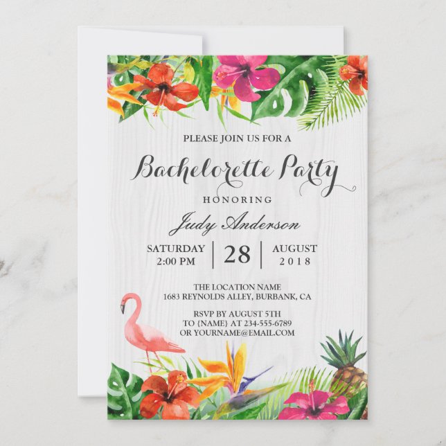 Tropiska Blommigten Flamingo Luau Bachelorette Par Inbjudningar (Framsida)