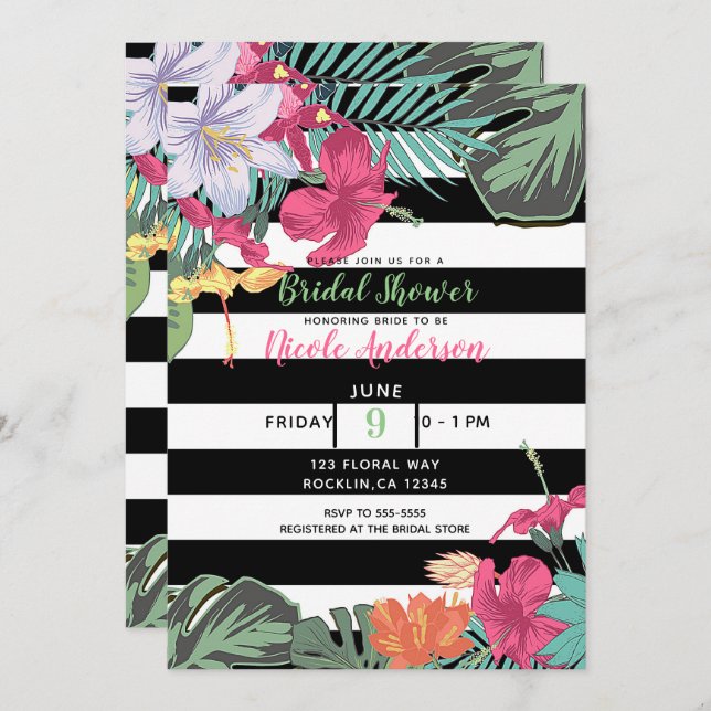 Tropiska Blommigten Flowers Löv Black White Rand Inbjudningar (Fram/baksida)