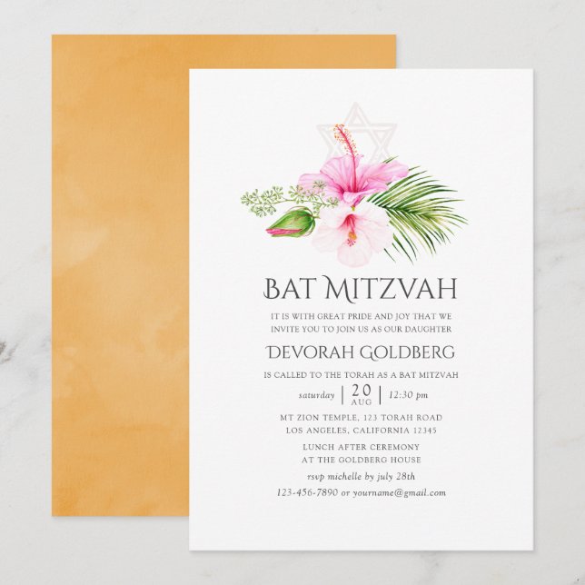 Tropiska Blommigten för vattenfärg Bat mitzvah Inbjudningar (Fram/baksida)