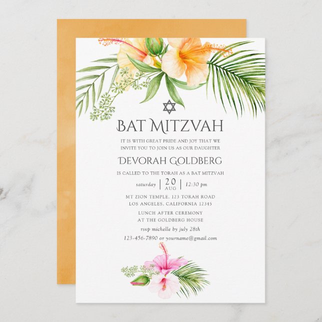 Tropiska Blommigten för vattenfärg Bat mitzvah Inbjudningar (Fram/baksida)