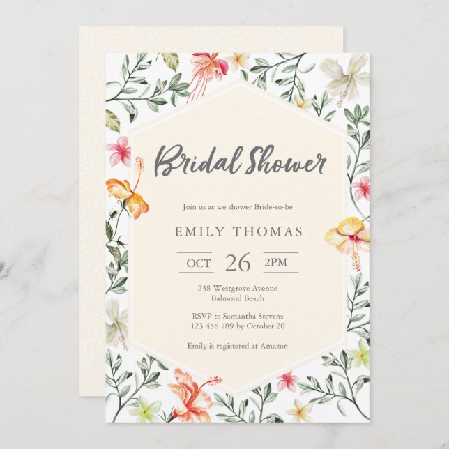 Tropiska blommigten Inbjudningskort för möhippan (Fram/baksida)