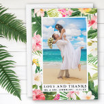 Tropiska Blommigten Kärlek och tack<br><div class="desc">Elegant Watercolor Tropical Blommigt,  Greenery and Handflatan Lövs Bride and Groom Kärlek och tack Bröllop Photo Tackto You Card</div>
