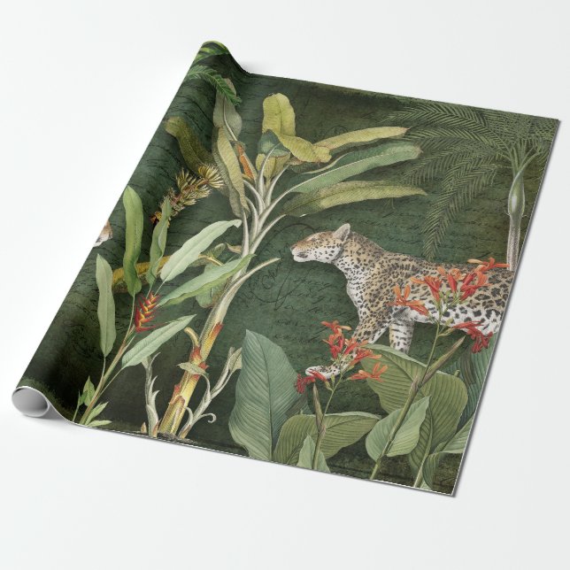 Tropiska Blommigten Leopard Jungle Foliage Decoupa Presentpapper (Utrullad)