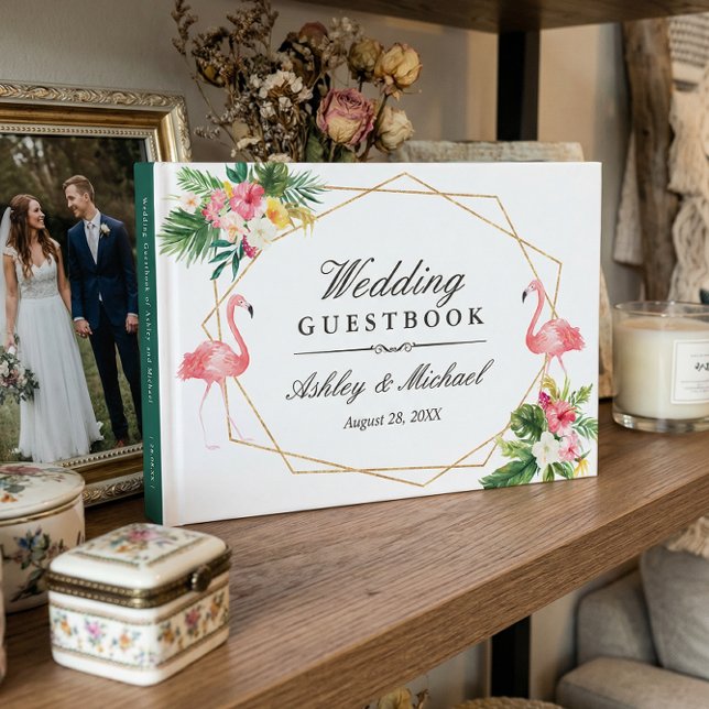 Tropiska Blommigten Löv Flamingos Bröllop Gästböcker (Skapare uppladdad)