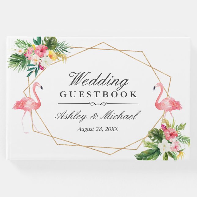 Tropiska Blommigten Löv Flamingos Bröllop Gästböcker (Framsida)
