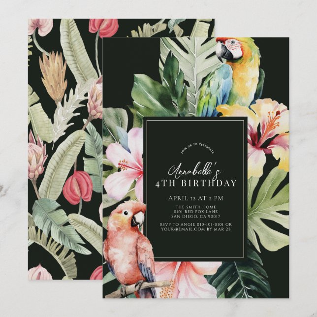 Tropiska Blommigten och botaniska papegoja Barns f Inbjudningar (Fram/baksida)