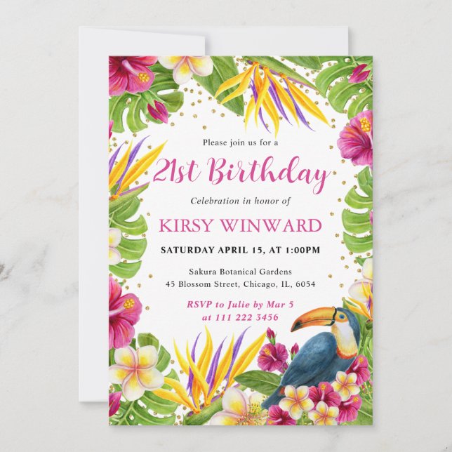 Tropiska Blommigten Ram Toucan Birthday Inbjudningar (Framsida)