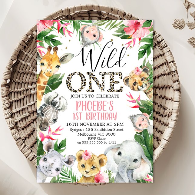Tropiska Blommigten Safari Animals Vild En födelse Inbjudningar (Wild One Invitation, Wild ONE Safari Birthday Invitation Template, Wild One Birthday Invitation 


)