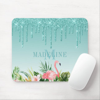 Tropiska Blommigten Teal Glitter Monogram Musmatta