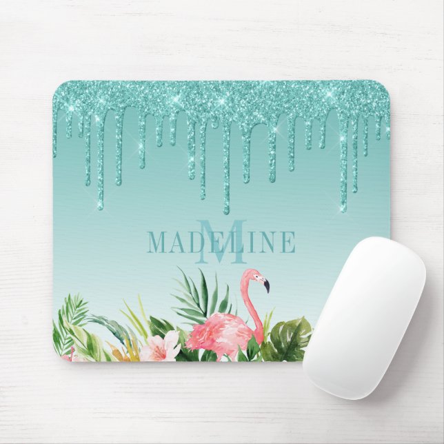 Tropiska Blommigten Teal Glitter Monogram Musmatta (Med mus)