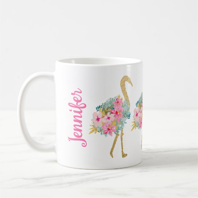 Tropiska Blommigtens Rosa Grönt och Guld Flamingos Kaffemugg (Vänster)