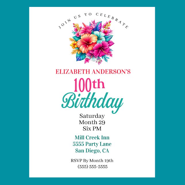 Tropiska blommor 100-årsdag inbjudningar (Tropical Flowers 100th Birthday Invitation For Women.)