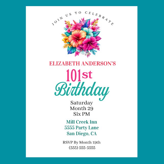 Tropiska blommor 101-årsdag inbjudningar (Tropical Flowers 101st Birthday Invitation For Women.)