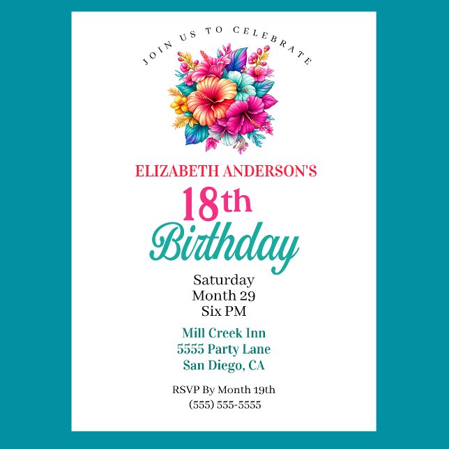 Tropiska blommor 18-årsdag inbjudningar (Pretty Tropical Flowers 18th Birthday Invitation For Girls)